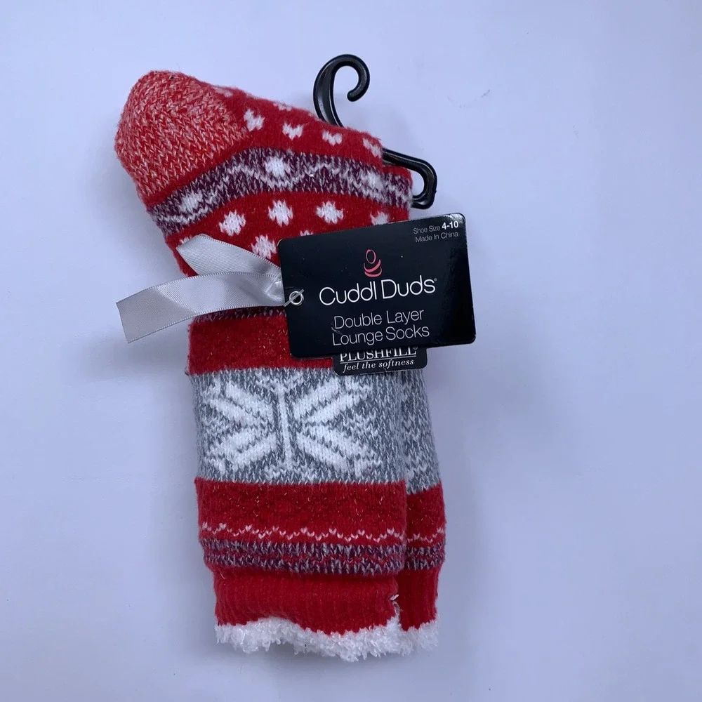 Cuddl Duds Womens 4-10 Red Fair Isle Double Layer Plushfill Lounge Socks NWT